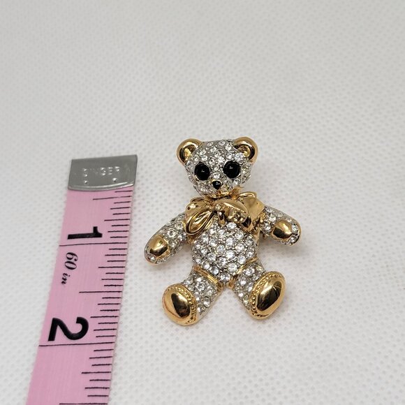 Vintage Teddy Bear Brooch Rhinestone Gold Tone Dangle Heart Bow Fashion Jewelry - Picture 6 of 7